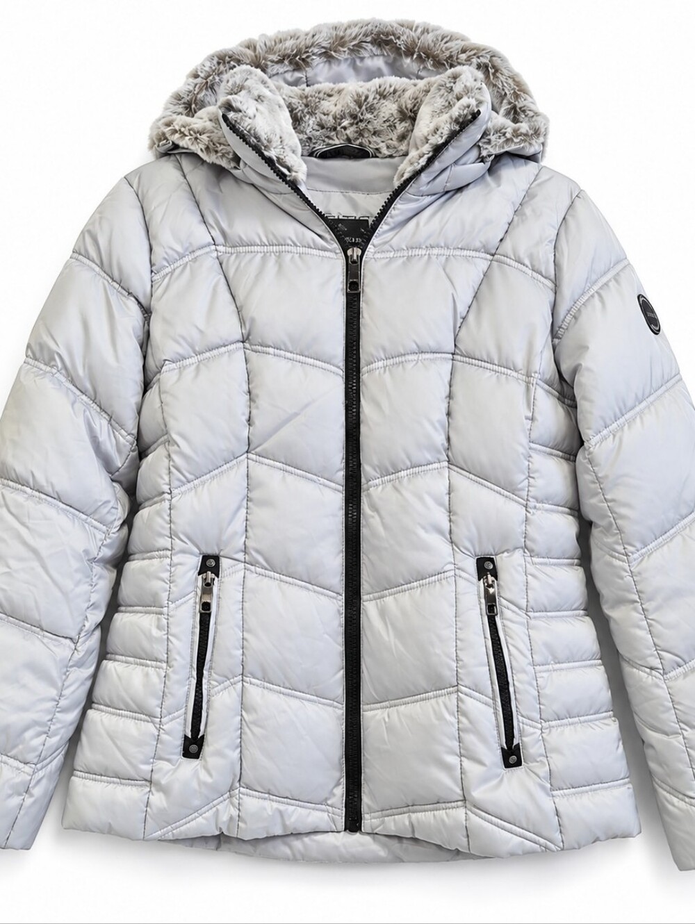 Nautica Women’s M Light Gray Puffer Jacket Faux Fur Hood Water Resistant